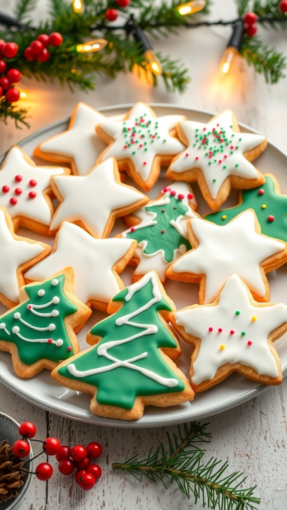 Iced Christmas Sugar Cookies Recipe A plate of decorated iced Christmas sugar cookies in festive shapes.